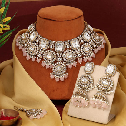 Gorgeous Pink Color Kundan Necklace Set With Crystal Detailing For Modern Brides