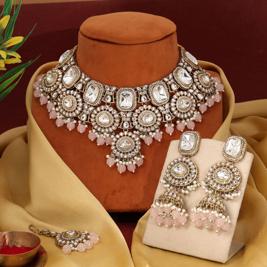 Gorgeous Pink Color Kundan Necklace Set With Crystal Detailing For Modern Brides