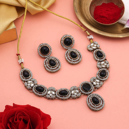 Antique Black Color Kundan Necklace Set With Unique Stones For Festive Looks