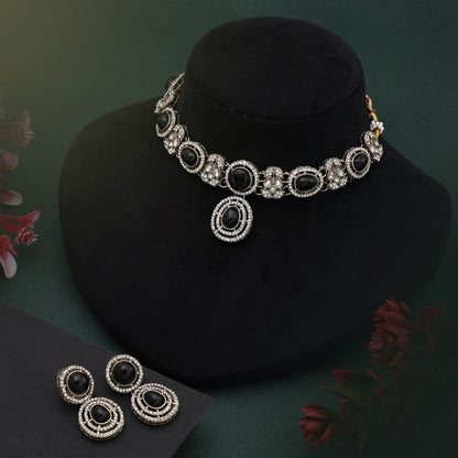 Antique Black Color Kundan Necklace Set With Unique Stones For Festive Looks