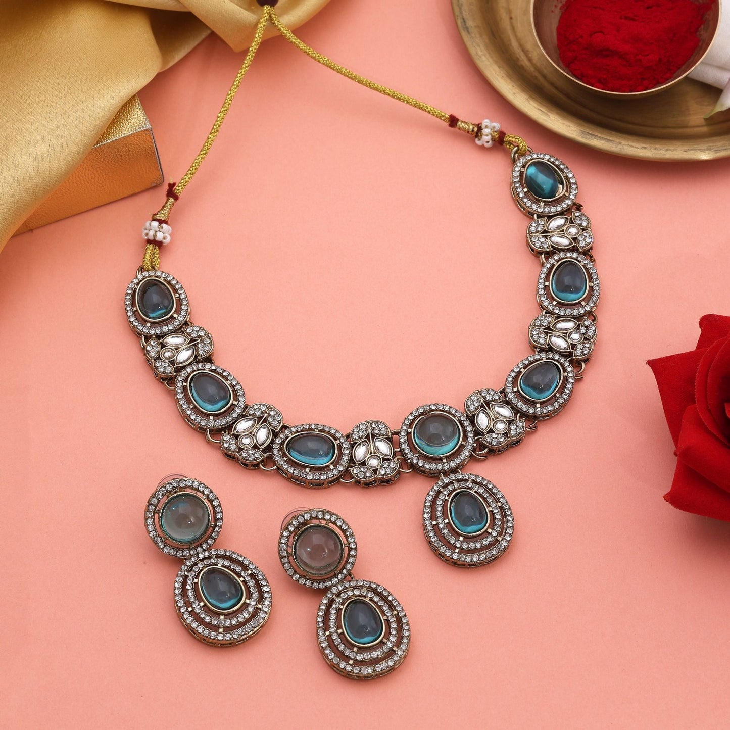 Elegant Firozi Color Kundan Necklace Set With Beaded Finish For Ethnic Wear