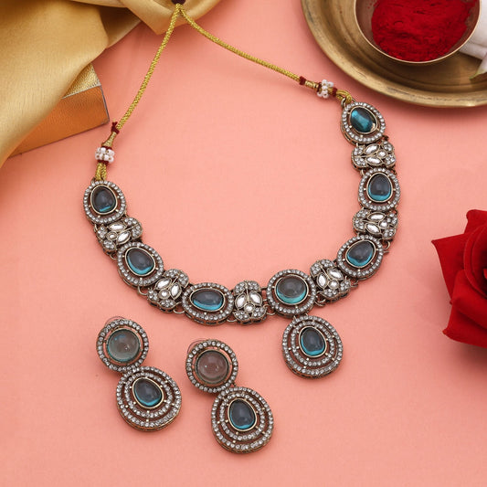 Elegant Firozi Color Kundan Necklace Set With Beaded Finish For Ethnic Wear