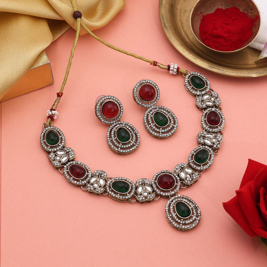 Traditional Maroon & Green Color Kundan Necklace Set With Classic Royal Design
