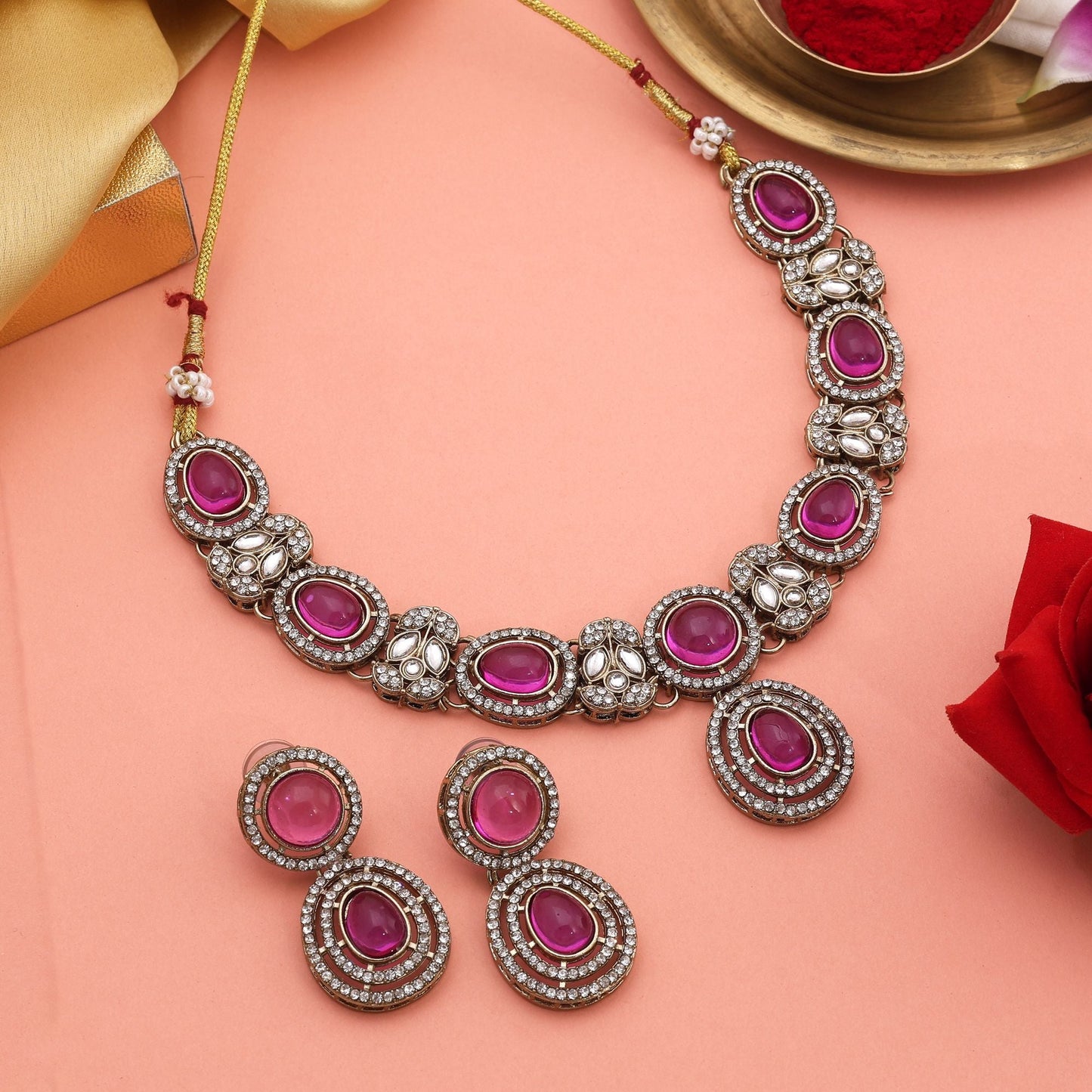 Beautiful Rani Color Kundan Necklace Set For Bridal Party and Cultural Events