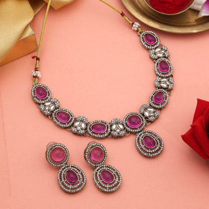 Beautiful Rani Color Kundan Necklace Set For Bridal Party and Cultural Events