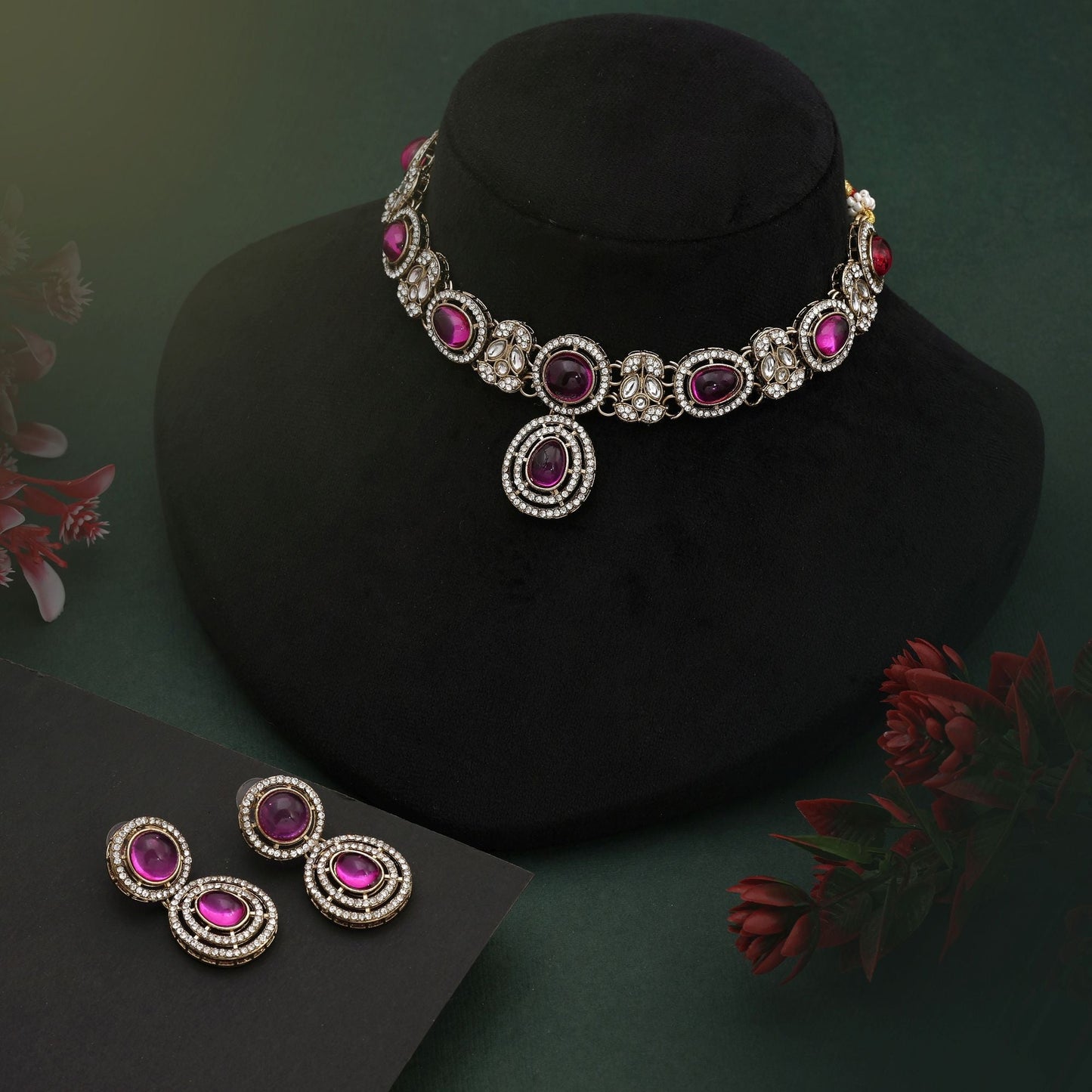 Beautiful Rani Color Kundan Necklace Set For Bridal Party and Cultural Events