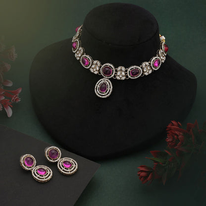 Beautiful Rani Color Kundan Necklace Set For Bridal Party and Cultural Events