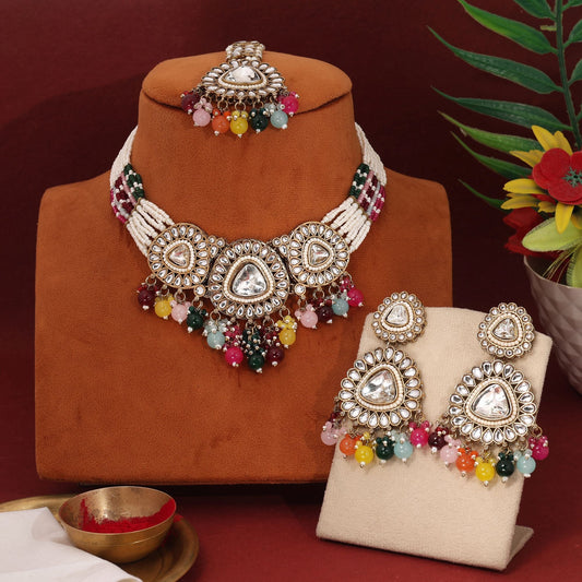 Multi Color Kundan Necklace Set With Vibrant Stones For Festive Celebrations