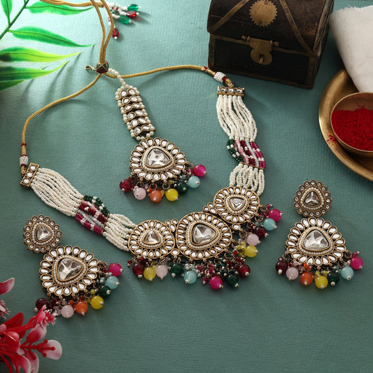 Multi Color Kundan Necklace Set With Vibrant Stones For Festive Celebrations