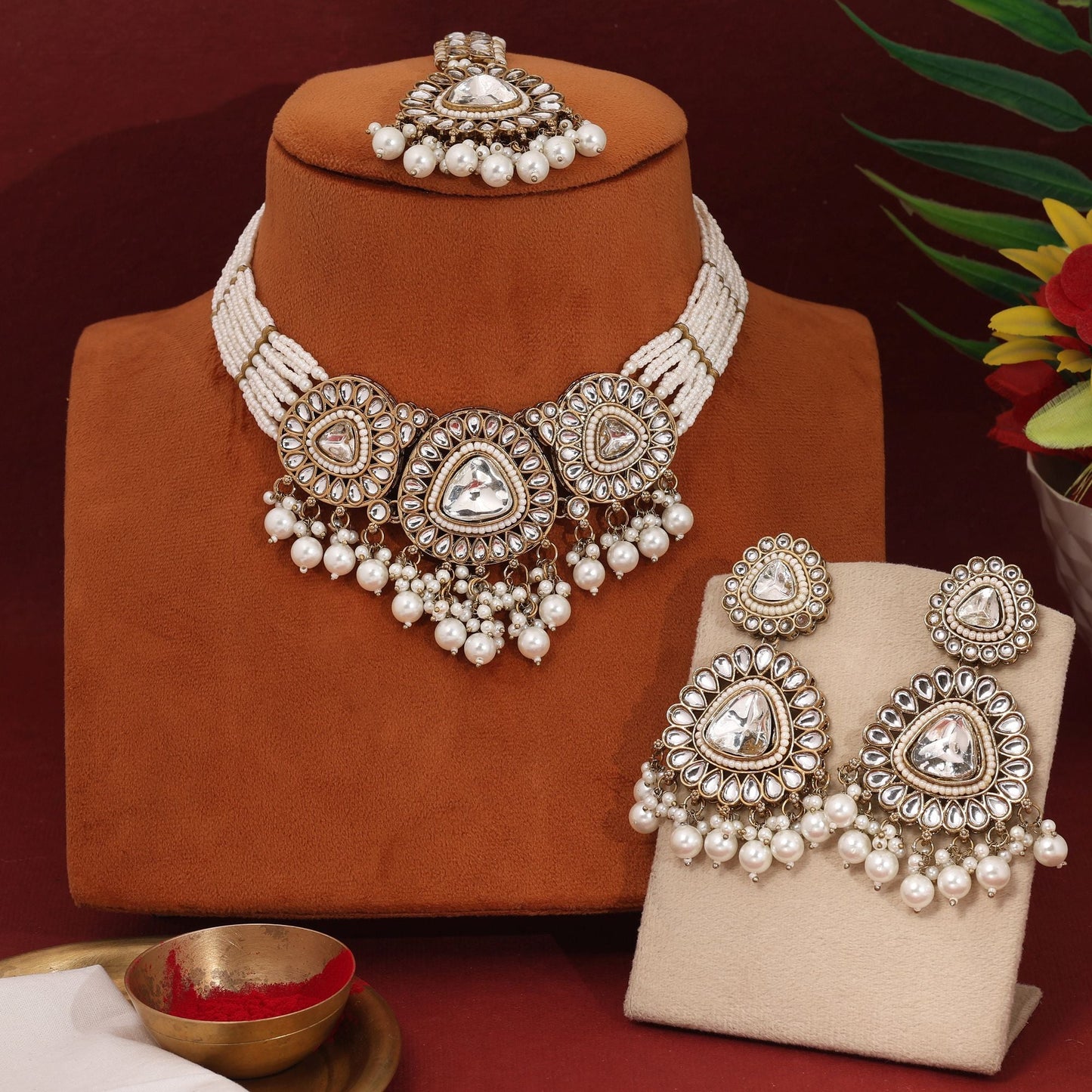 Gorgeous White Color Kundan Necklace Set With Classic Pearl Embellishments