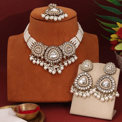 Gorgeous White Color Kundan Necklace Set With Classic Pearl Embellishments