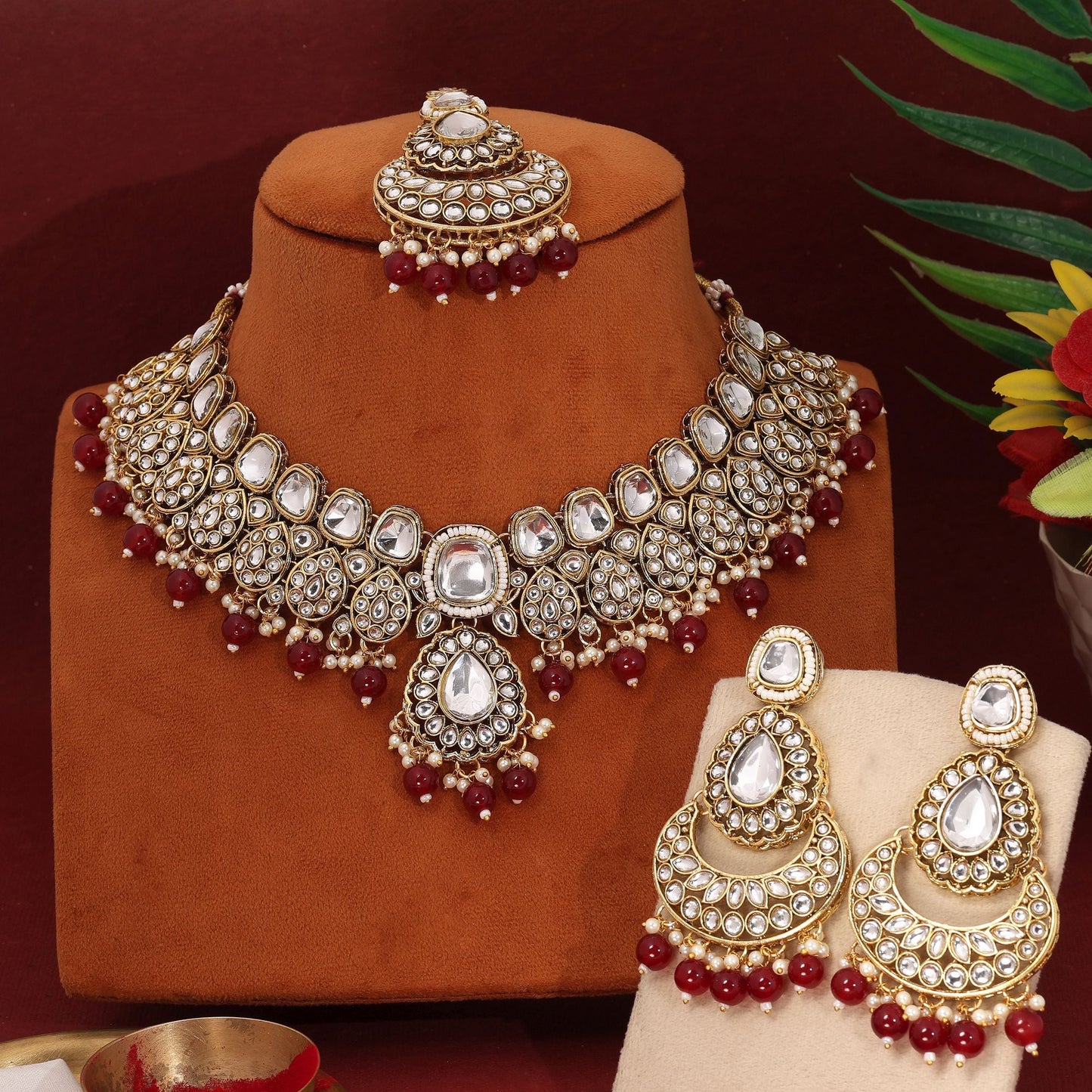 Classic Maroon Color Kundan Necklace Set With Elegant Craftsmanship For Brides