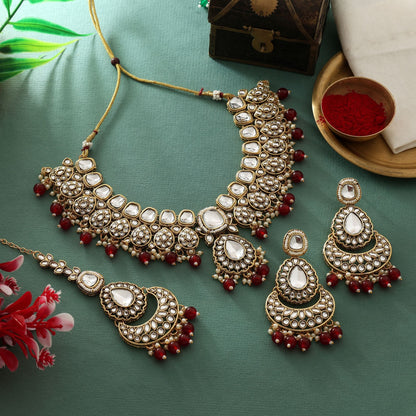 Classic Maroon Color Kundan Necklace Set With Elegant Craftsmanship For Brides