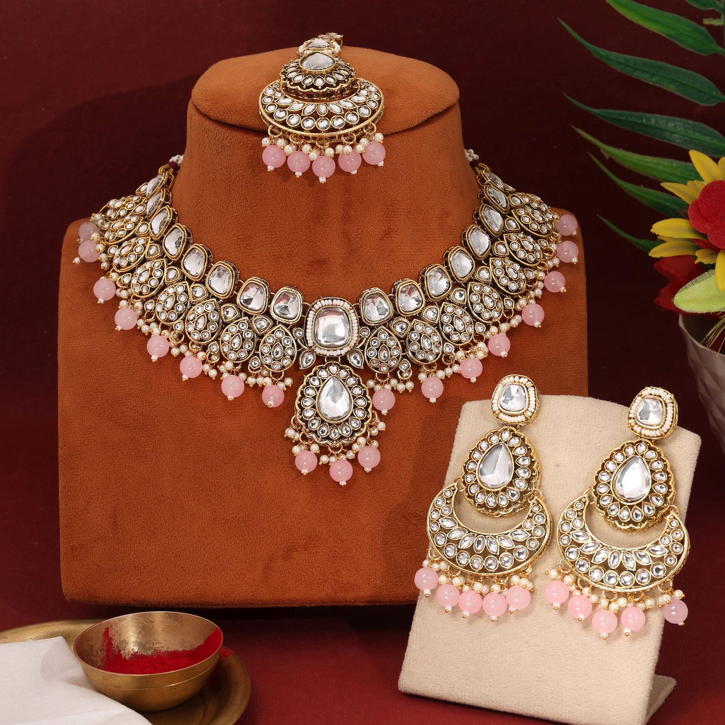 Chic Pink Color Kundan Necklace Set With Matching Earrings For Party Fashion