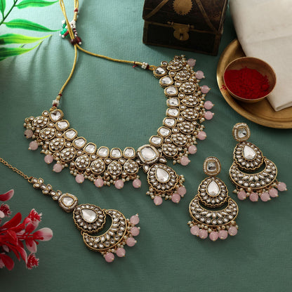Chic Pink Color Kundan Necklace Set With Matching Earrings For Party Fashion