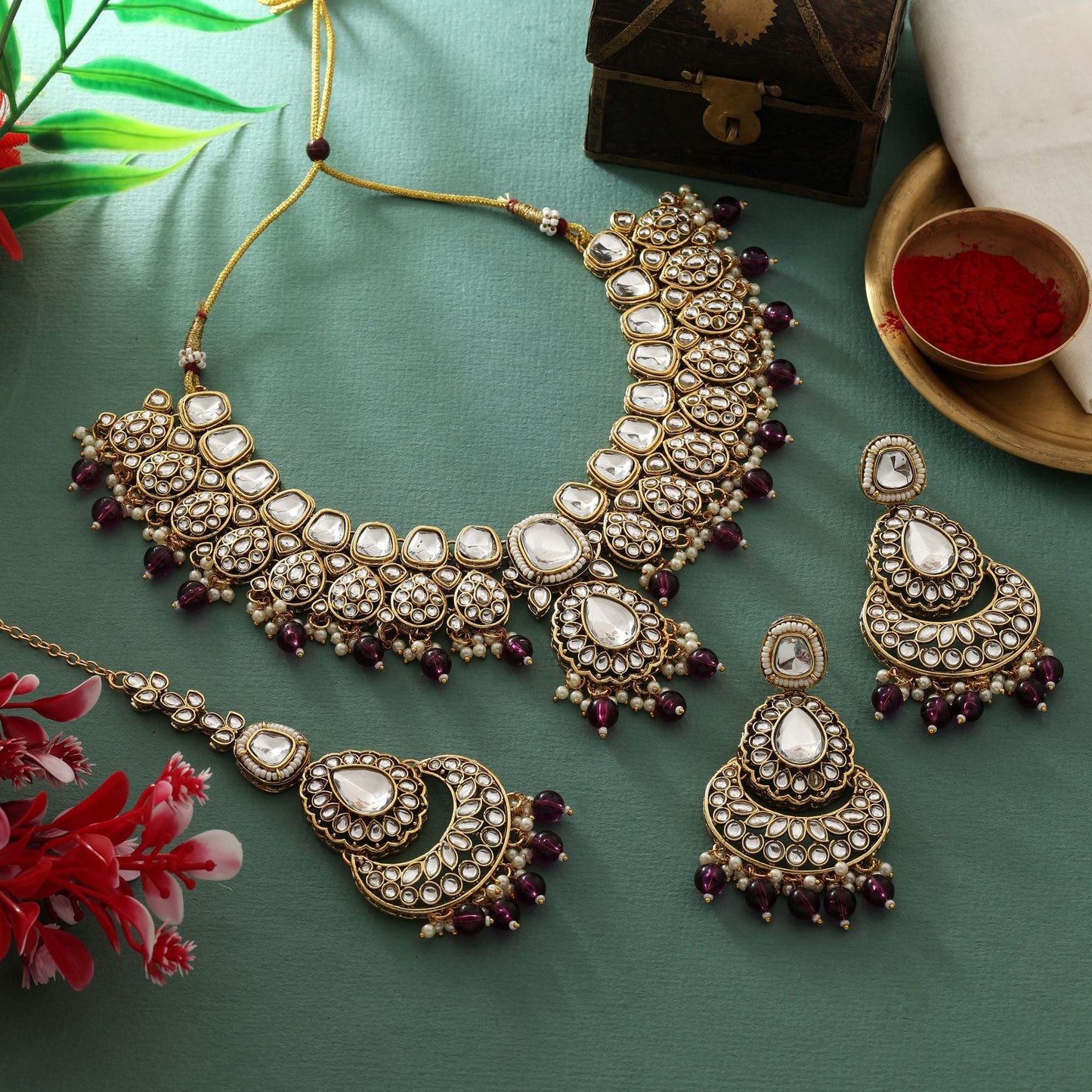 Beautiful Purple Color Kundan Necklace Set For Traditional And Modern Occasions