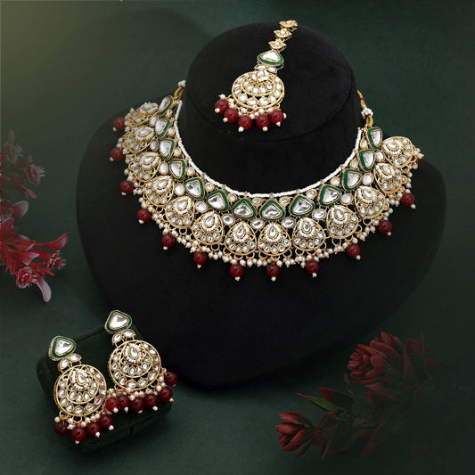 Premium Maroon Color Kundan Necklace Set With Polished Stones For Bridal Look