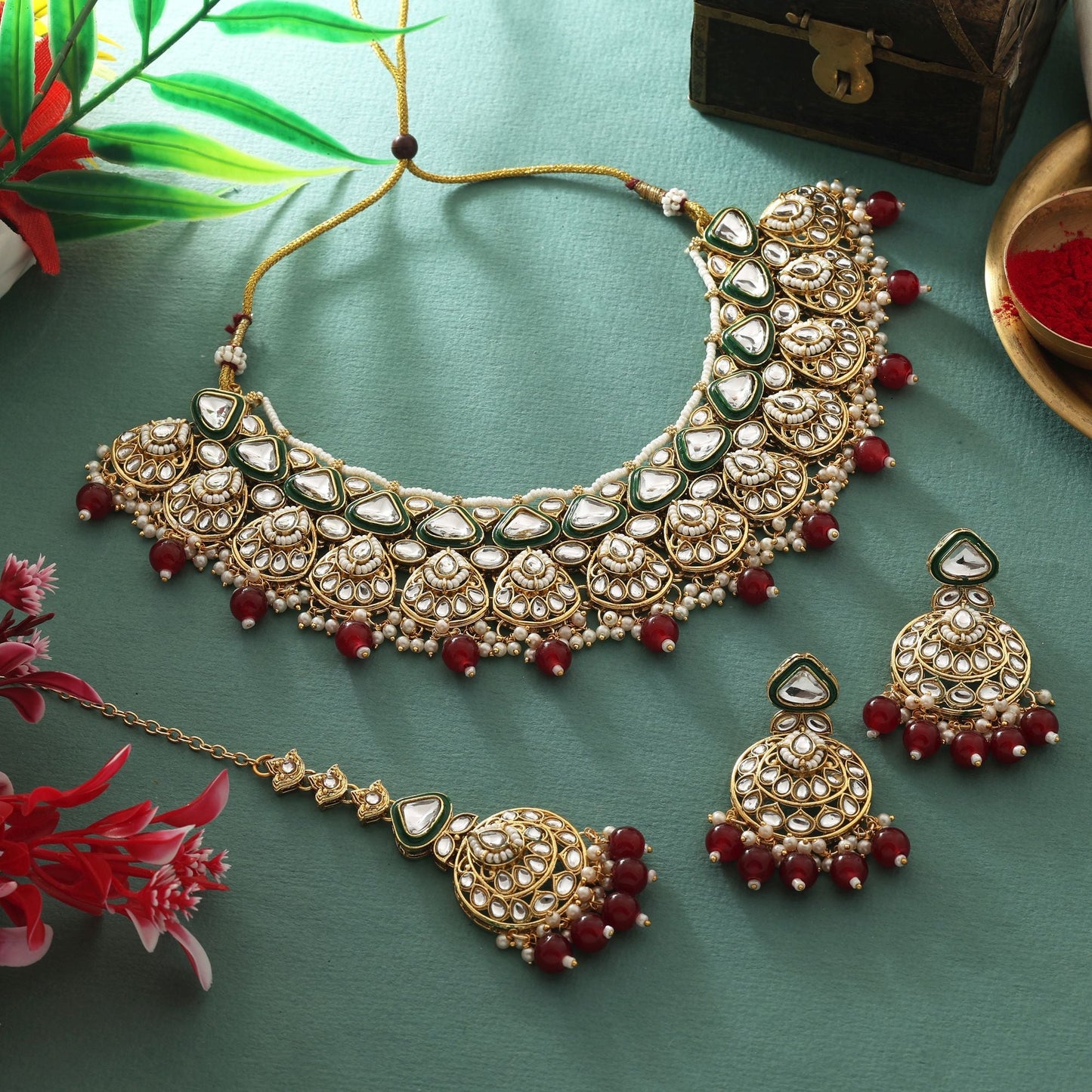 Premium Maroon Color Kundan Necklace Set With Polished Stones For Bridal Look