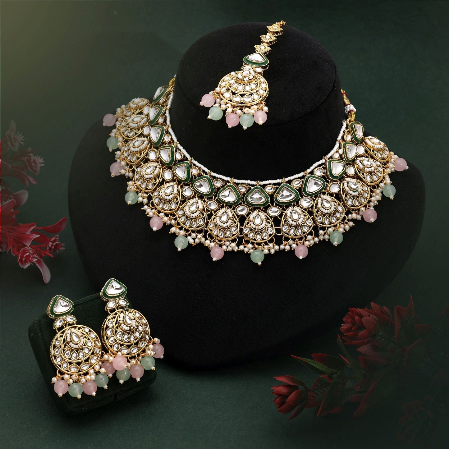 Dual Shade Pink & Pista Green Color Kundan Necklace Set For Trendy Looks