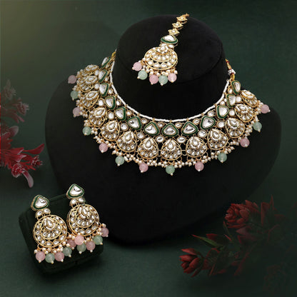Dual Shade Pink & Pista Green Color Kundan Necklace Set For Trendy Looks