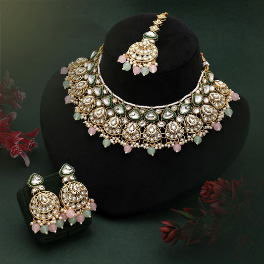 Dual Shade Pink & Pista Green Color Kundan Necklace Set For Trendy Looks