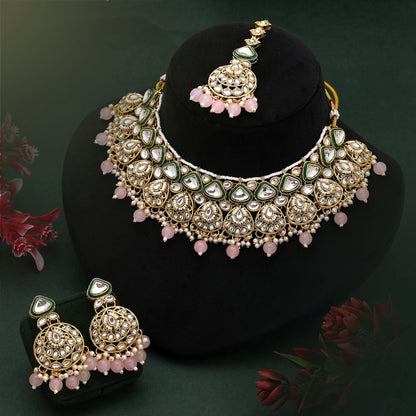 Elegant Pink Color Kundan Necklace Set With Fine Detailing For Party Occasions
