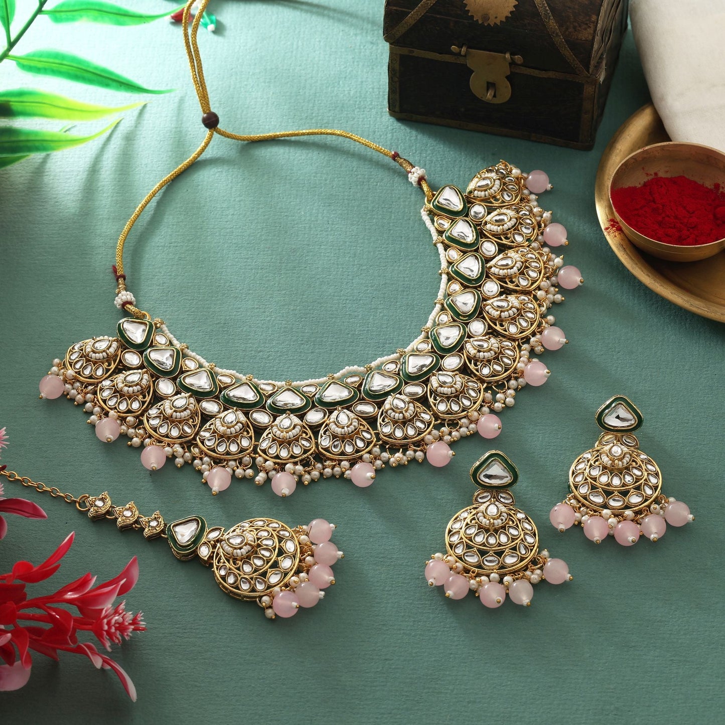 Elegant Pink Color Kundan Necklace Set With Fine Detailing For Party Occasions
