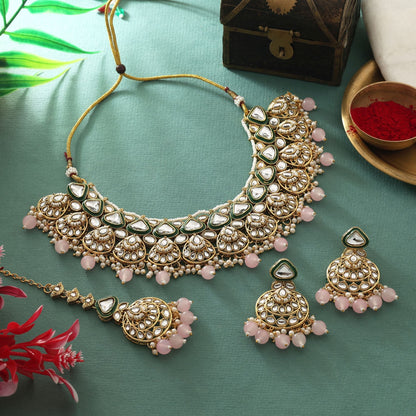 Elegant Pink Color Kundan Necklace Set With Fine Detailing For Party Occasions
