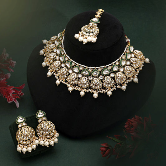 Sophisticated White Color Kundan Necklace Set With Matching Earrings For Weddings