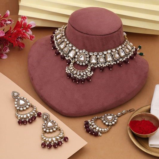 Antique Maroon Color Kundan Necklace Set With Beaded Design For Wedding Wear