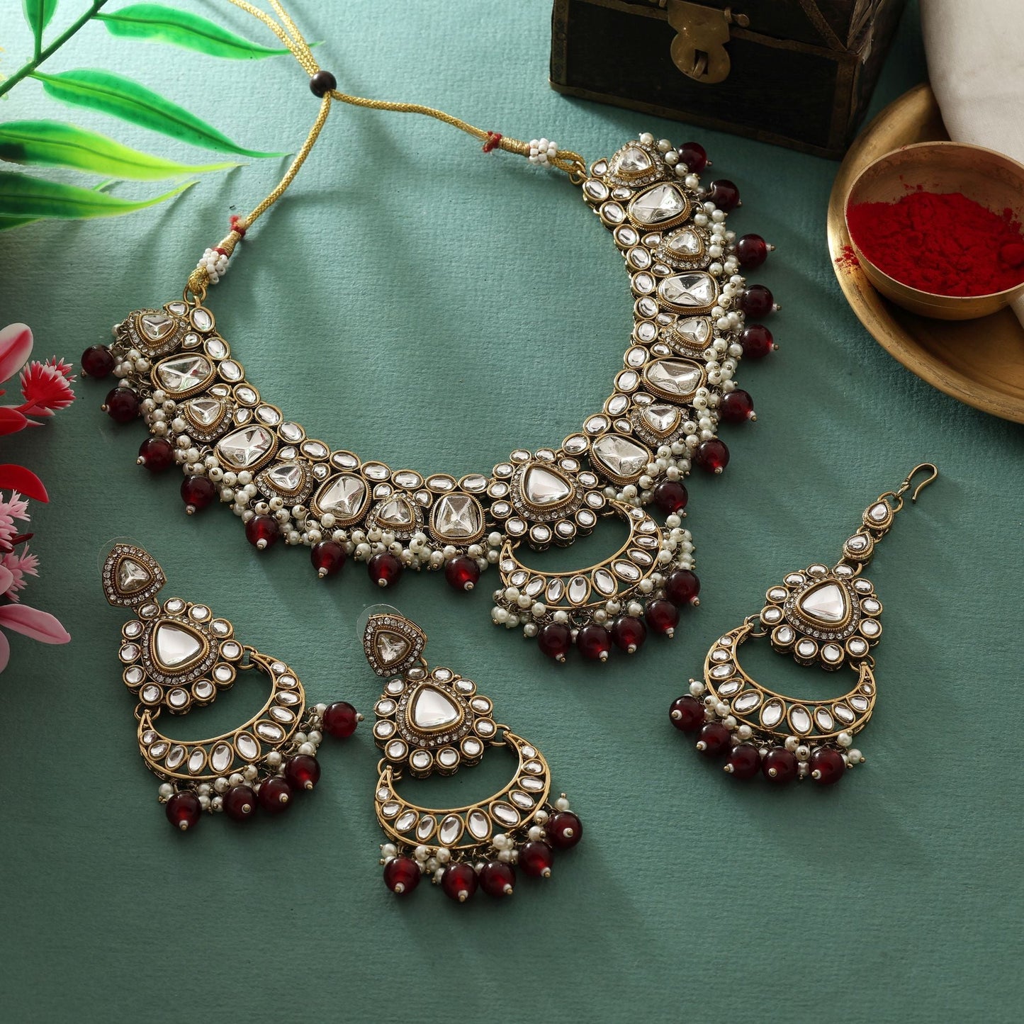 Antique Maroon Color Kundan Necklace Set With Beaded Design For Wedding Wear