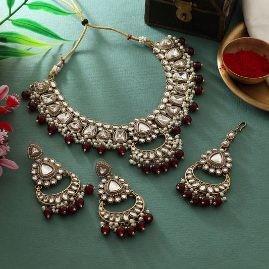 Antique Maroon Color Kundan Necklace Set With Beaded Design For Wedding Wear