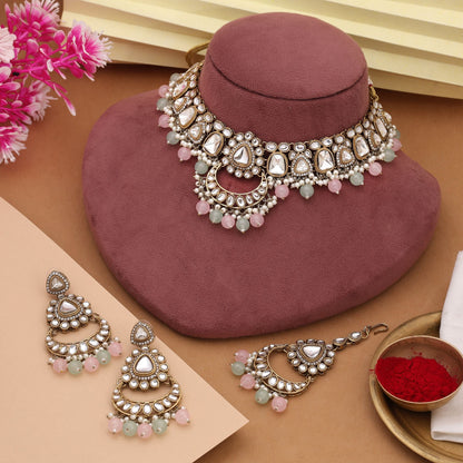 Trendy Pink & Pista Green Color Kundan Necklace Set With Dual Tone Stones
