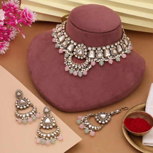 Trendy Pink & Pista Green Color Kundan Necklace Set With Dual Tone Stones