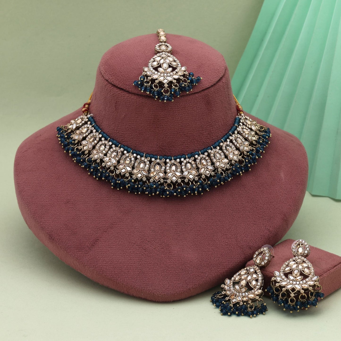 Elegant Navy Blue Color Kundan Necklace Set For Modern Brides And Party Outfits