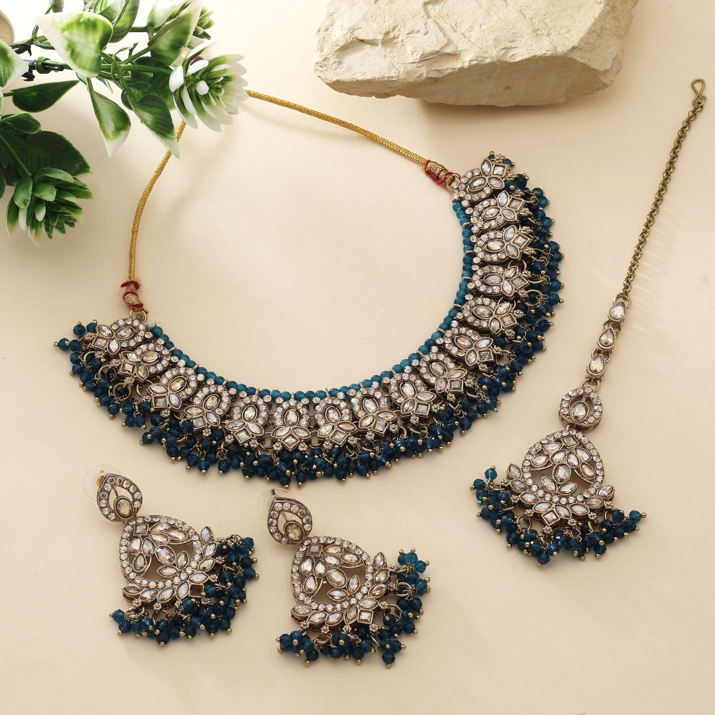 Elegant Navy Blue Color Kundan Necklace Set For Modern Brides And Party Outfits