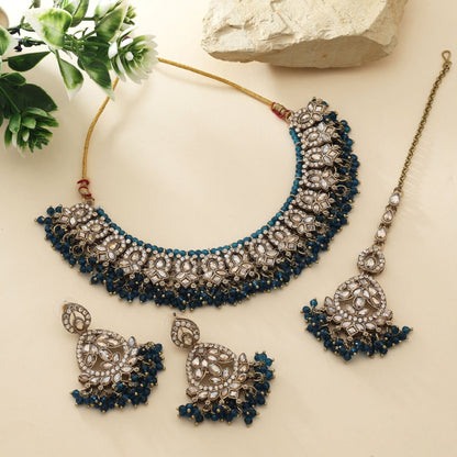 Elegant Navy Blue Color Kundan Necklace Set For Modern Brides And Party Outfits