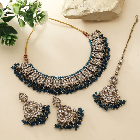 Elegant Navy Blue Color Kundan Necklace Set For Modern Brides And Party Outfits