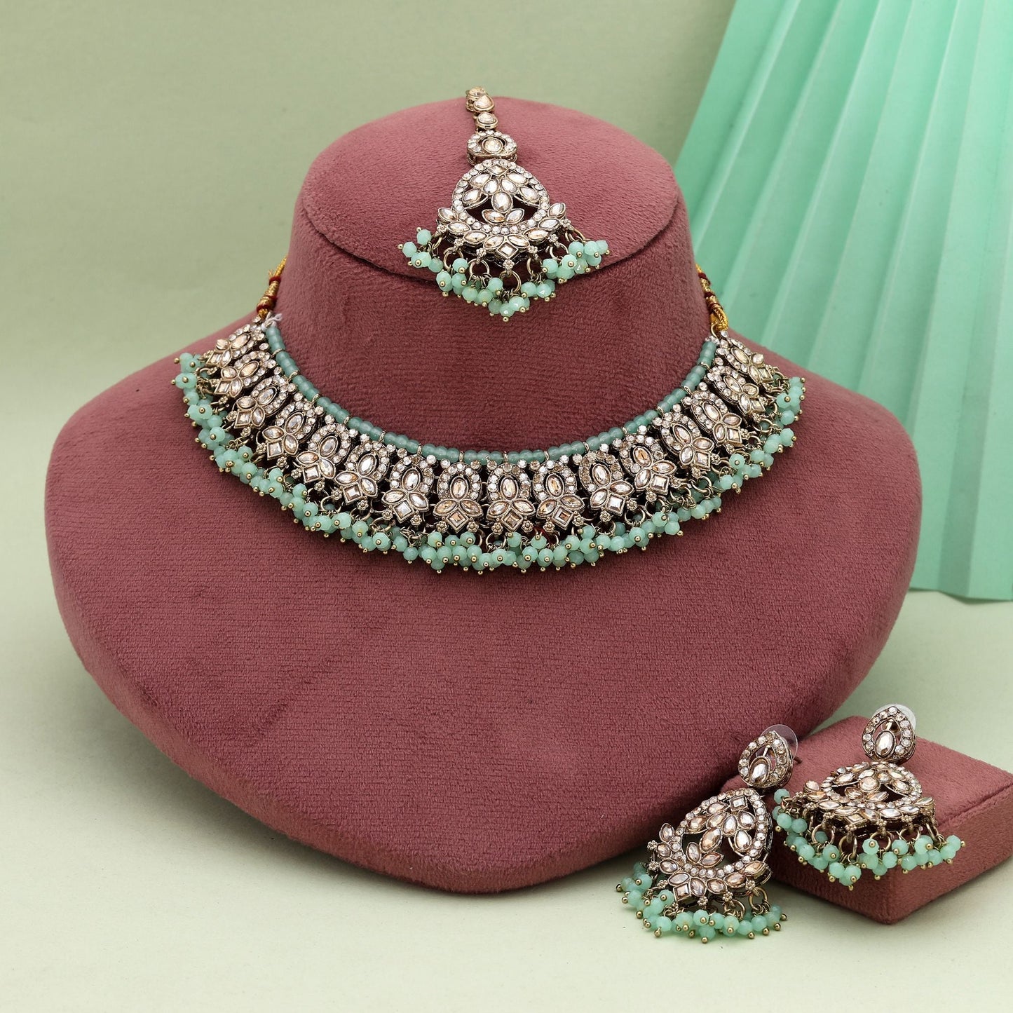Gorgeous Pista Green Color Kundan Necklace Set For Traditional Wedding And Festivals