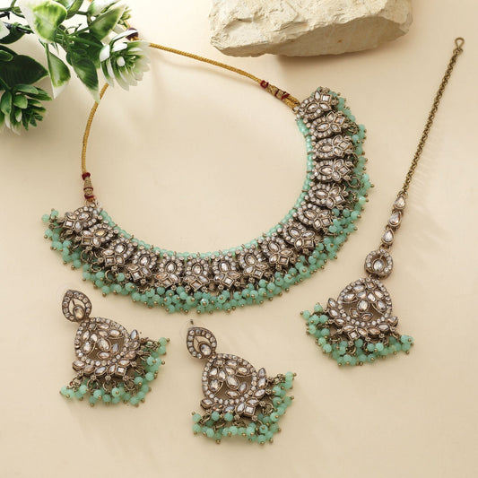 Gorgeous Pista Green Color Kundan Necklace Set For Traditional Wedding And Festivals