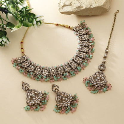 Dual Tone Pista Green & Pink Color Kundan Necklace Set For Festive Celebrations