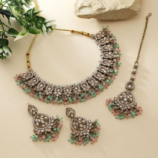 Dual Tone Pista Green & Pink Color Kundan Necklace Set For Festive Celebrations