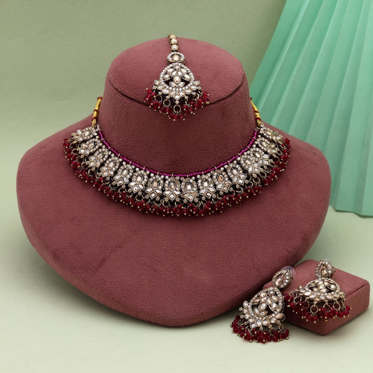 Classic Rani Color Kundan Necklace Set With Polished Stones For Wedding Functions