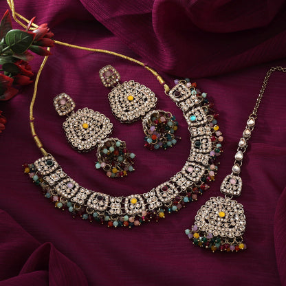 Multi Color Kundan Necklace Set With Colorful Stones For Festive And Bridal Looks