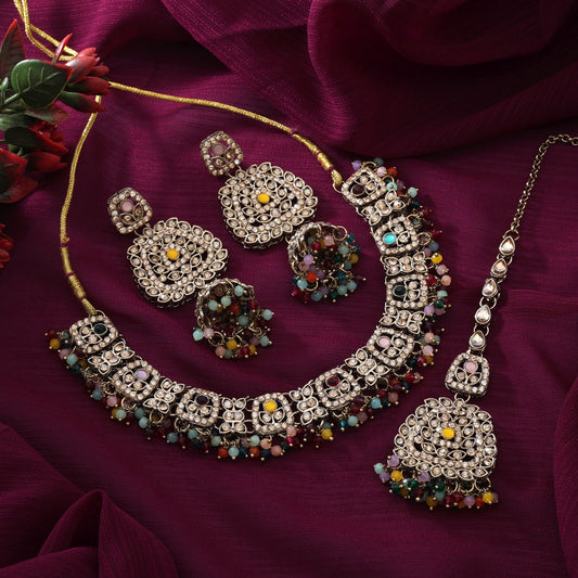 Multi Color Kundan Necklace Set With Colorful Stones For Festive And Bridal Looks