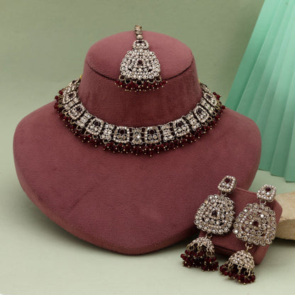 Antique Maroon Color Kundan Necklace Set Perfect For Ethnic And Festive Occasions