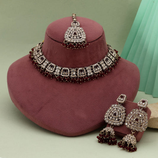 Antique Maroon Color Kundan Necklace Set Perfect For Ethnic And Festive Occasions