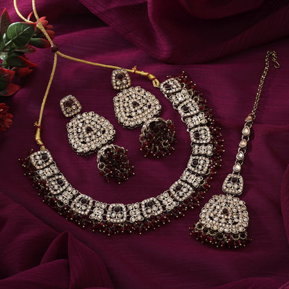 Antique Maroon Color Kundan Necklace Set Perfect For Ethnic And Festive Occasions