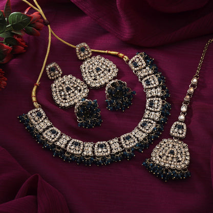 Premium Navy Blue Color Kundan Necklace Set With Unique Stone Detailing For Events