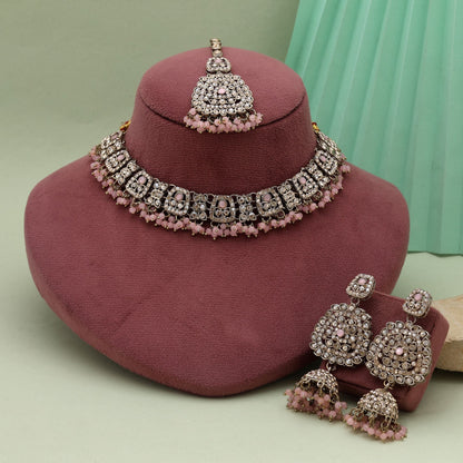 Gorgeous Pink Color Kundan Necklace Set With Beautiful Crystal Work For Brides